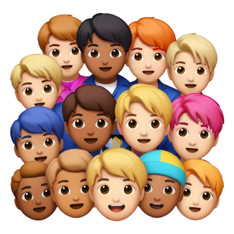 Cinematic Realistic BTS Pop Culture Emoji, featuring a dynamic, energetic portrayal of the acclaimed K-pop group rendered with vibrant textures and energetic, colorful lighting. sticker