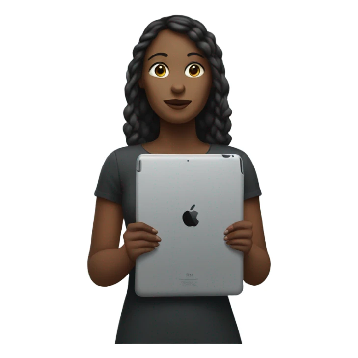 white woman standing with ipad sticker