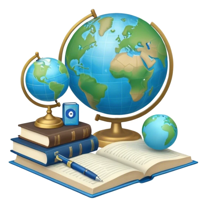 Create an emoji representing language translation. The design should feature a globe in the background, symbolizing international communication. In front of the globe, place two books or sheets of paper with texs on them and a pen nearby to indicate the act of writing. Use a clean and professional color palette with blues, greens, and neutral tones. Make the background transparent. sticker