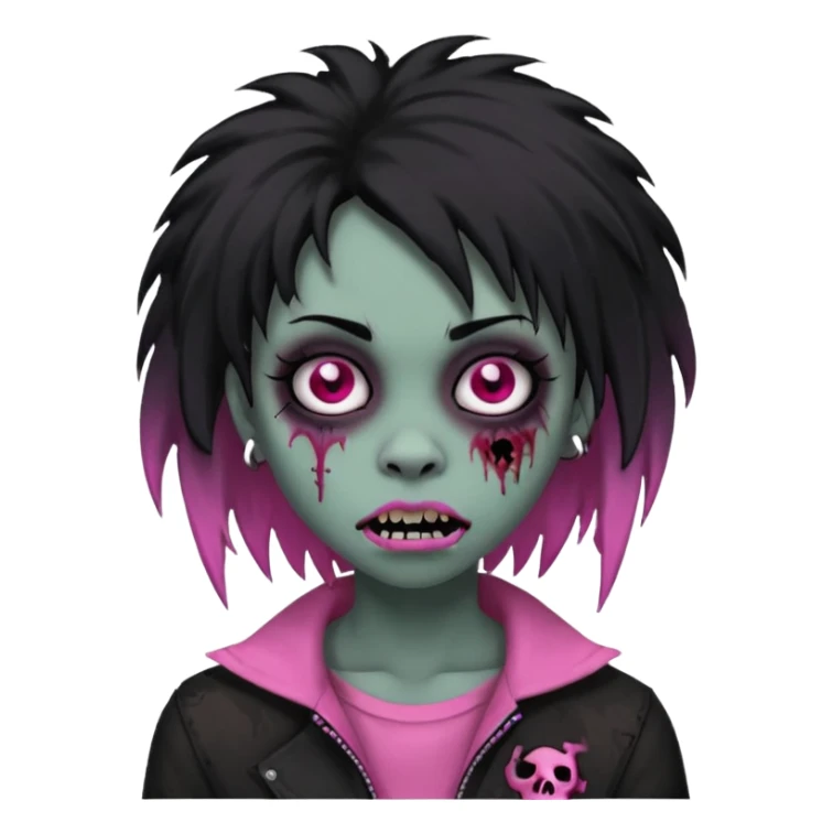 girl, zombie, black coily hair, medium long, emo, shaggy, dark, spooky, piercing on eyebrow, pink teeth, creepy blank expression sticker