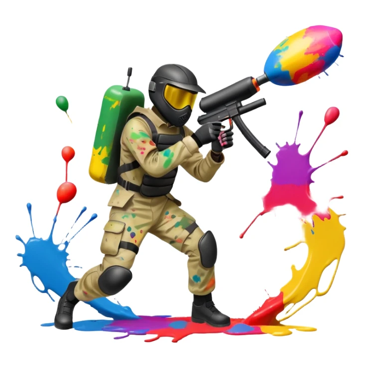 A dynamic scene of a player in action, holding a paintball gun and wearing protective gear. The background shows a vibrant paintball field with obstacles, colorful splatters of paint in the air, and an intense, competitive atmosphere. sticker