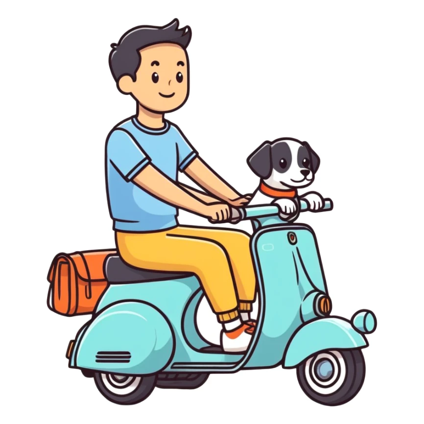 man and his pet dog riding a vespa sticker
