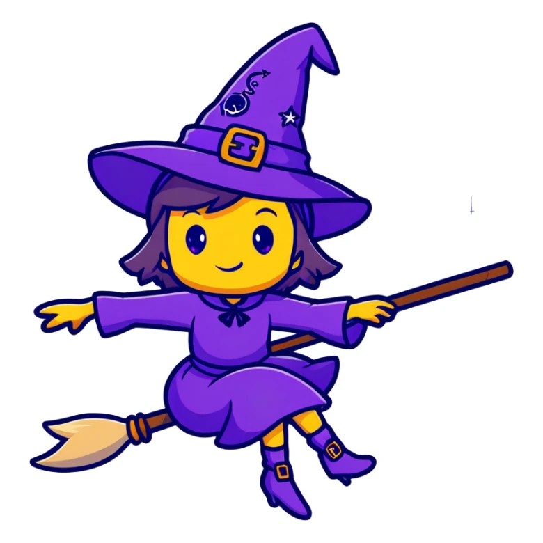 cute witch with purple hat flying on a magical broom with sparkles sticker