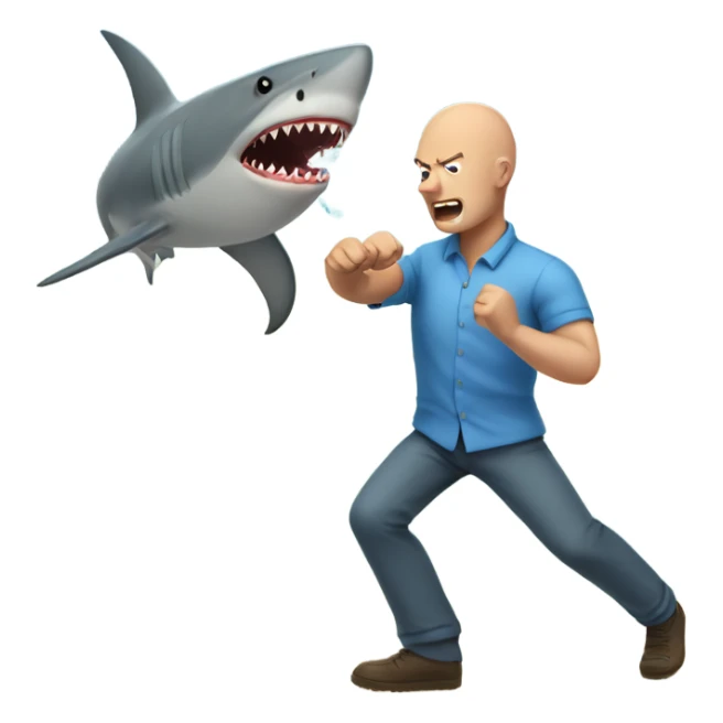 bald man in blue shirt fighting a shark sticker