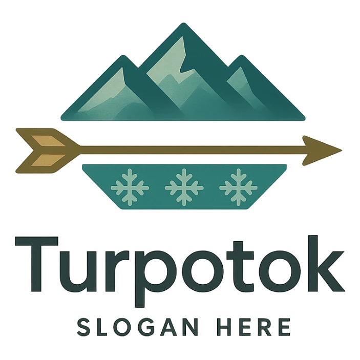 Modern minimalist logo for Turpotok with a stylized Kurai arrow, Ural Mountains silhouette, and subtle Bashkir ornamentation. Text 'Turpotok' in a modern sans-serif font with optional slogan. Color palette reflecting Bashkir culture and natural beauty sticker