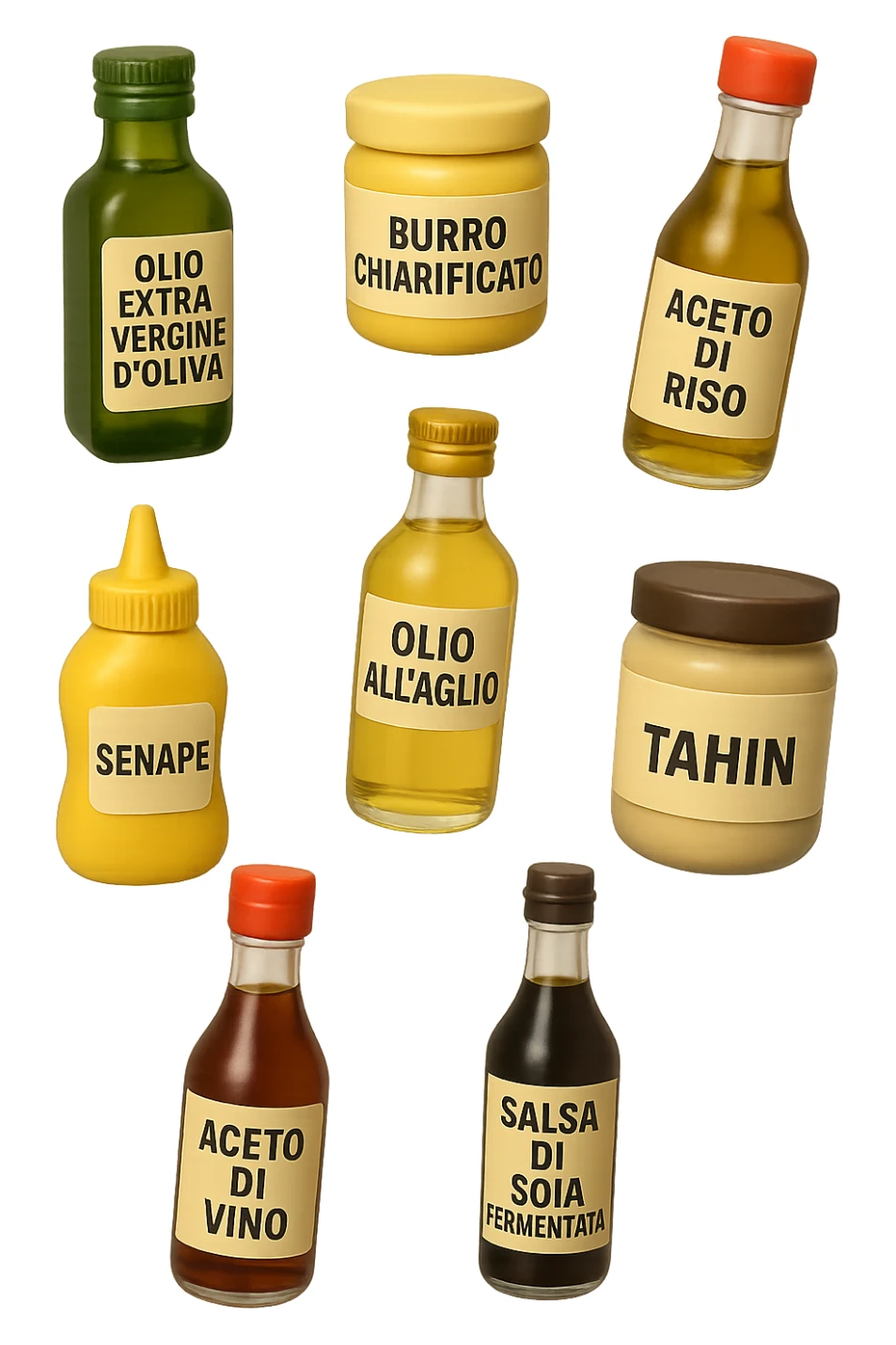 emoji stile iphone 3d di questi elementi che fluttuano in aria sparsi casualmente:

Olio extravergine d’oliva, burro chiarificato
Olio all’aglio (senza pezzetti)
Aceto di vino, aceto di riso, senape, tahin
Salsa di soia fermentata (senza aglio/cipolla)


 che fluttuano sparse casualmente in aria, le etichette dei prodotti scrivile in italiano, iperealistico 4k sticker