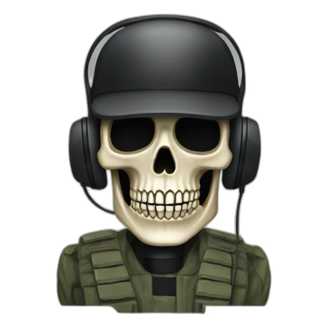 Military Skeleton mask with a long black mask underneath it and headset with a microphone sticker