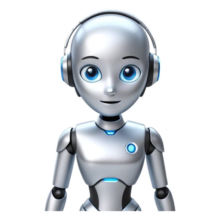 “Design a sleek, futuristic digital assistant mascot for a tech agency. The character should look friendly and smart, with glowing blue eyes, a smooth metallic body, and minimalist details. The mascot should blend AI aesthetics with a warm personality, slightly humanized but clearly synthetic. Background neutral. Style: semi-realistic 3D render or stylized illustration.” sticker