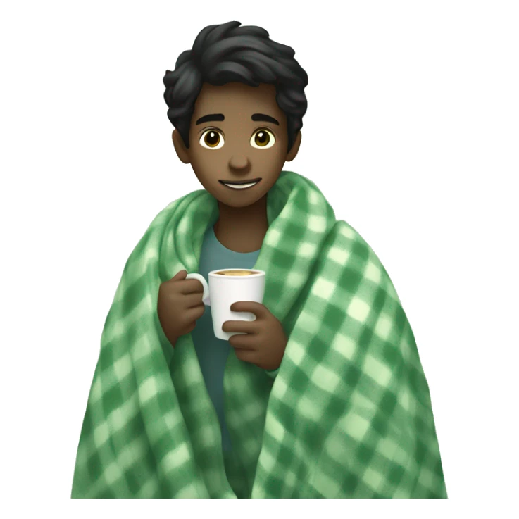 black hair boy wrapped in pastel green plaid blanket drinking coffee sticker