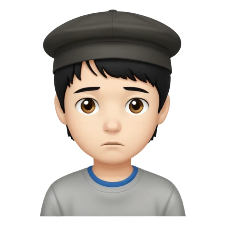 Gere um menino de cabelos preto e boné com feição triste sticker