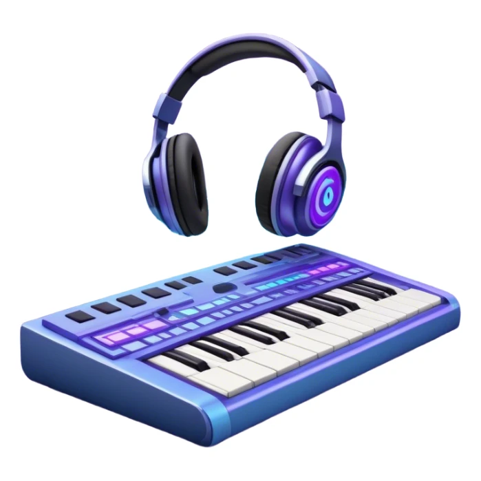 Create a sleek and modern emoji that represents sound design. The design should feature sound waves made from musical notes, a sound mixing console, and a pair of studio headphones to symbolize the process of creating and shaping sound. Include elements like a synthesizer or audio effects buttons to highlight the creative tools used in sound design. Use futuristic colors like neon blue, purple, and silver to convey the cutting-edge, experimental nature of sound creation. The background should be transparent. sticker