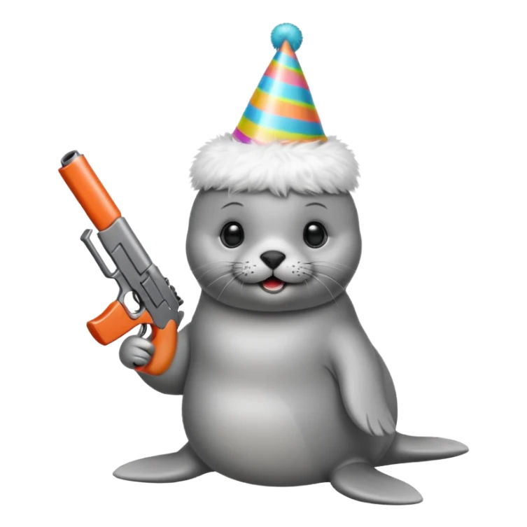 Baby seal wearing birthday hat holding a gun sticker