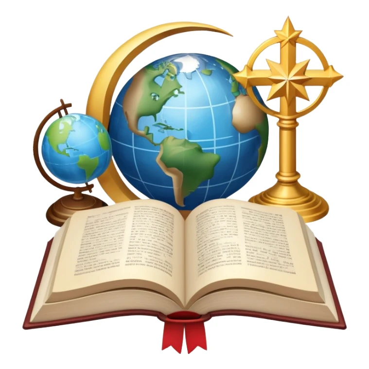 An icon featuring religious symbols like a cross, crescent moon, and star, alongside an open book, symbolizing the study of religion. The design includes a globe and a temple in the background, representing global faith traditions and spiritual exploration. Transparent background sticker