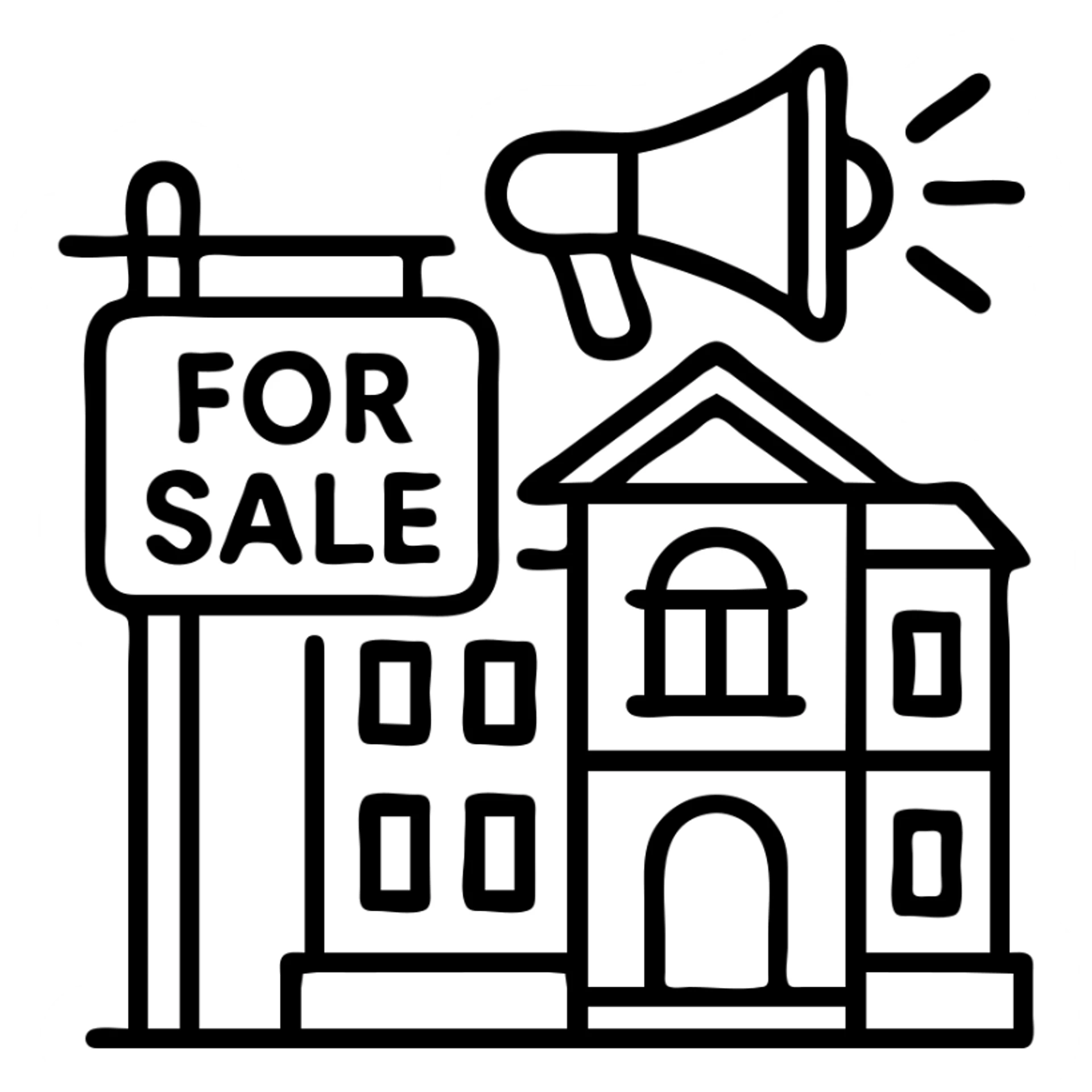 Ícono de real estate que refleje que tenemos un Marketing de lujo con Ejecución impecable, ya que las propiedades de nuestros clientes no solo se publican, sino que se les hace promoción activamente. Nuestro equipo especializado es experto en vender propiedades como lo hacen las marcas de lujo: con estrategia, estética y storytelling. sticker