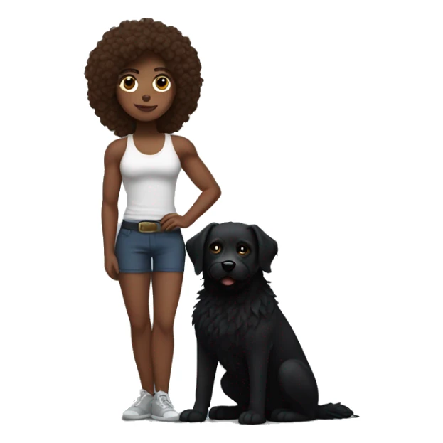 Long brown haired muscular woman holding fluffy black dog sticker