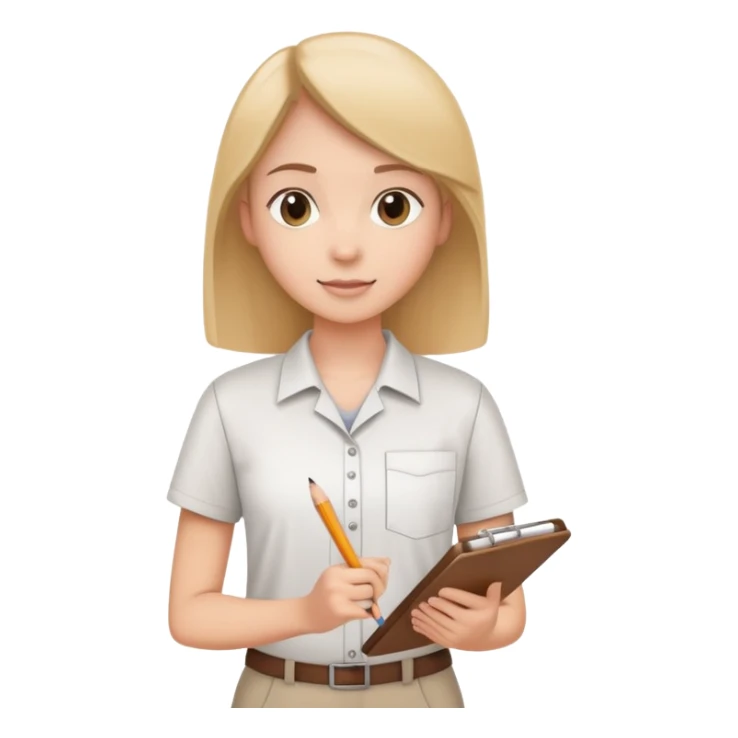 intern or volunteer holding a clipboard and pencil, ready to take notes or assist. The character wears a simple shirt and has an eager posture sticker