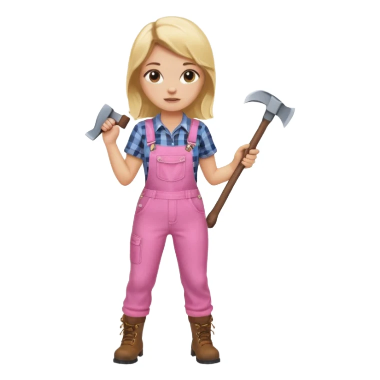 lumberjack blonde woman holding axe pink checked shirt and overalls sticker