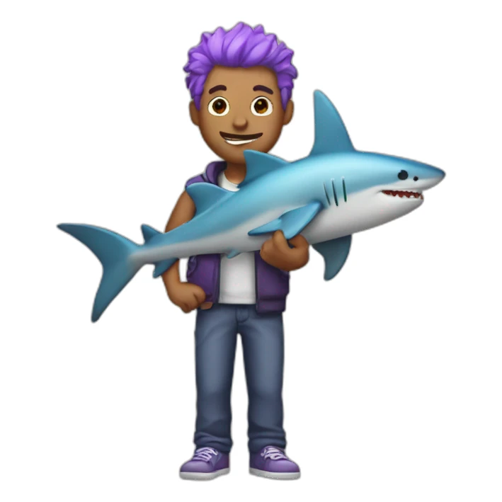 guy with purple hair holding a shark toy sticker