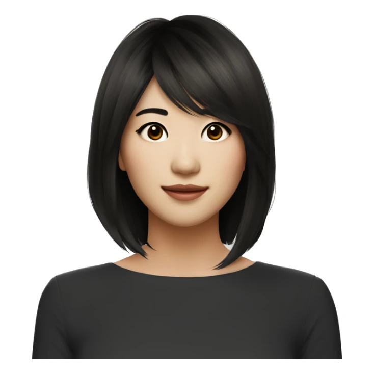 - Medium-length layered Asian hairstyle with side-swept bangs
- Messy, textured hair with natural volume
- Dark brown/black hair color sticker