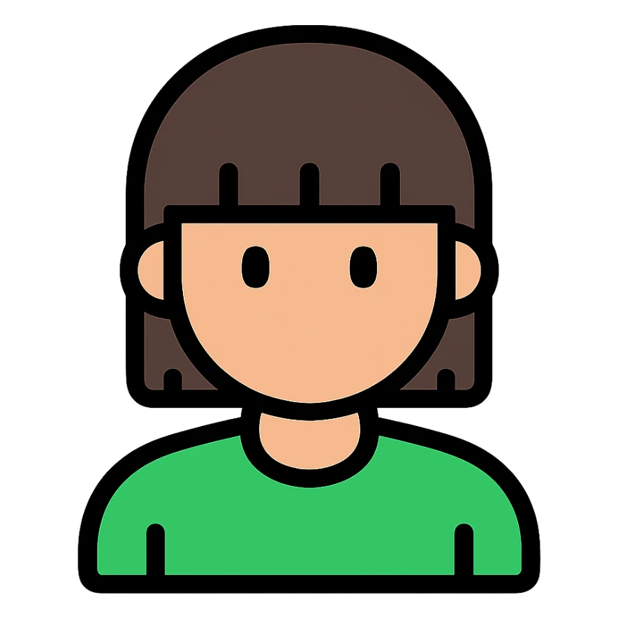 A boy with straight bangs covering his eyebrows, long hair at the back, black eyes, and brownish-black hair, wearing a green shirt the color of brilliant green antiseptic. sticker