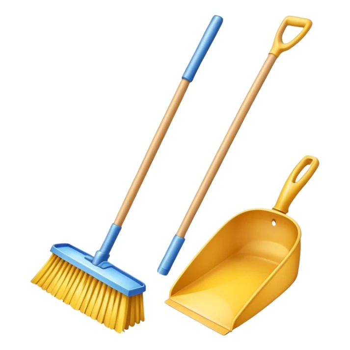 broom and dustpan with sparkles, clean and friendly sticker