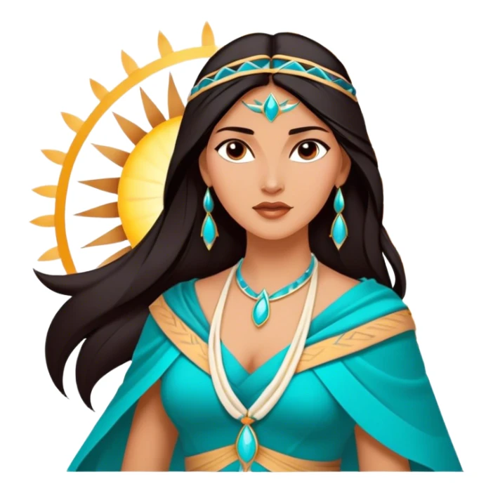 Cinematic Majestic Pocahontas Portrait Emoji, rendered in a clean, vector-style with bold shapes. Show Pocahontas with a serene, noble expression, radiant sun-kissed skin, and elegantly flowing dark hair, dressed in traditional garments with subtle turquoise accents. The design radiates a majestic, natural glow, high shine, and a soft glowing outline, capturing her regal beauty. sticker