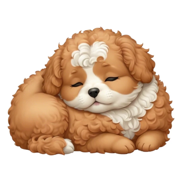Cinematic Chubby Sleeping Cavoodle Portrait Emoji, Chubby and serene, with a round, cuddly build and a soft, curly apricot coat with subtle white patches, eyes gently closed in peaceful slumber, Simplified yet irresistibly endearing features, highly detailed, glowing with a gentle, dreamy glow, high shine, relaxed and content, stylized with a touch of whimsy, bright and heartwarming, soft glowing outline, capturing the essence of a blissfully sleepy companion, so comically serene it feels like it could roll out of the screen and snore with adorable charm! sticker