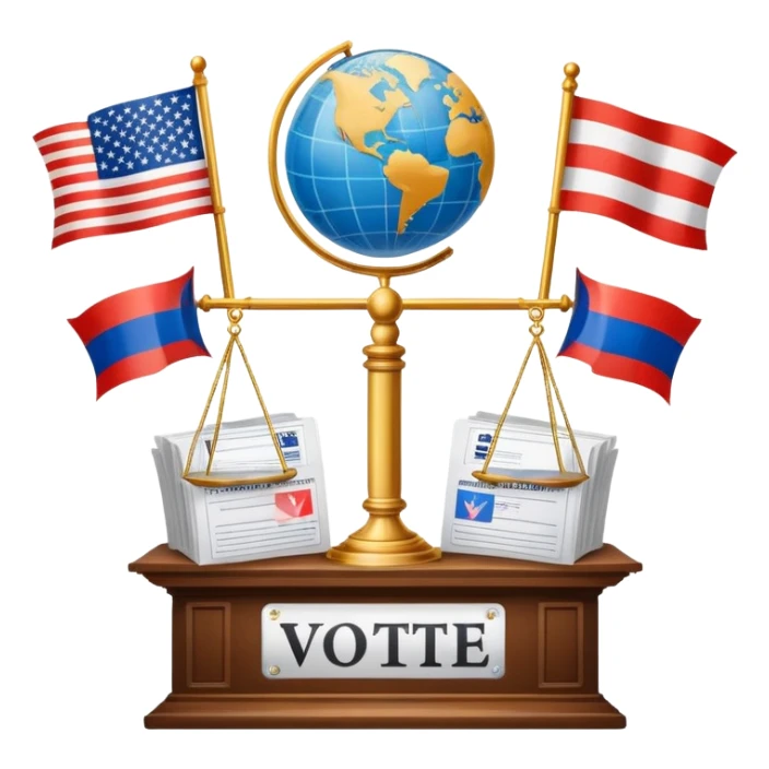 icon featuring podium with a speaker, russian and american flags, and voting ballots. The design includes a globe and scales of justice in the background, representing governance, global affairs, and political theory. Transparent background emphasizes civic engagement and policy. sticker