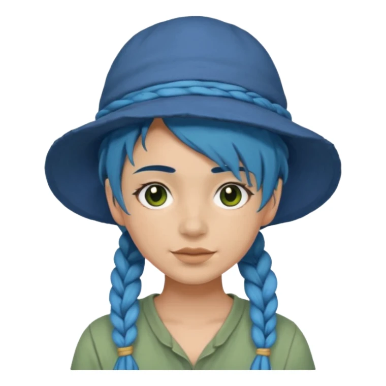 messy green full face clay mask and tourist hat blue hair braid sticker