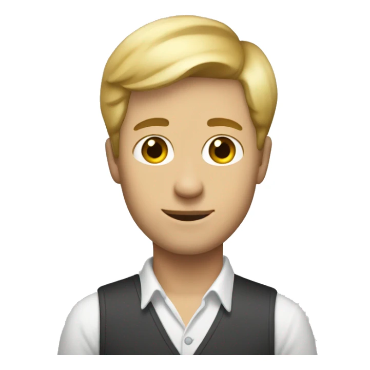 a guy with short blond hair and dressed like a painter holding a painting sticker