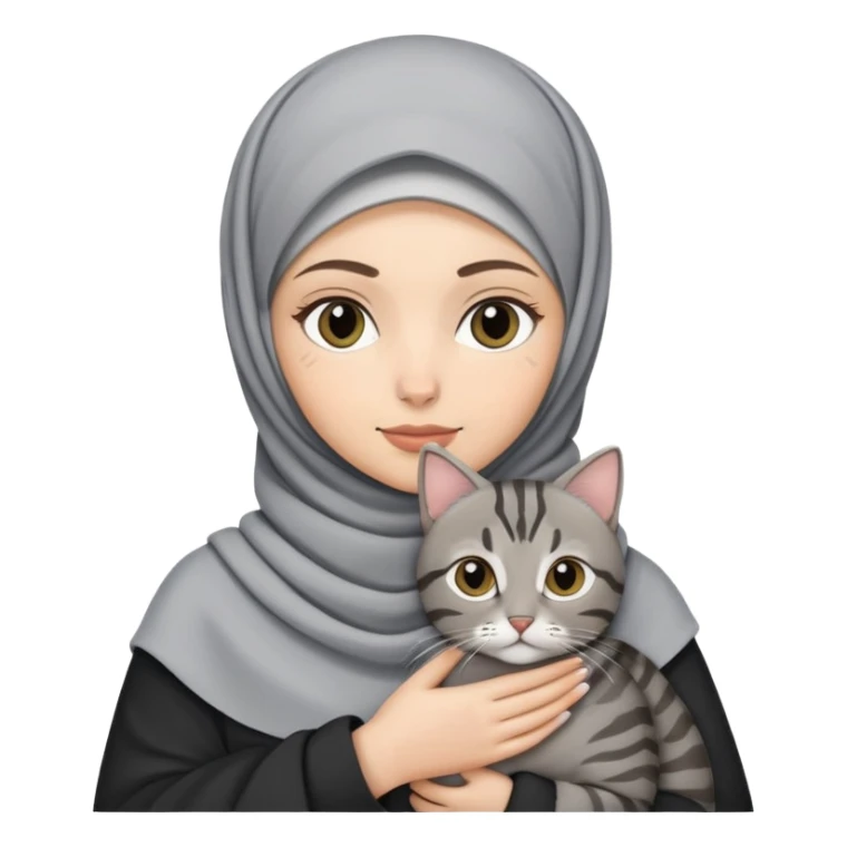 White girl wearing hijab holding a black and grey tabby cat sticker