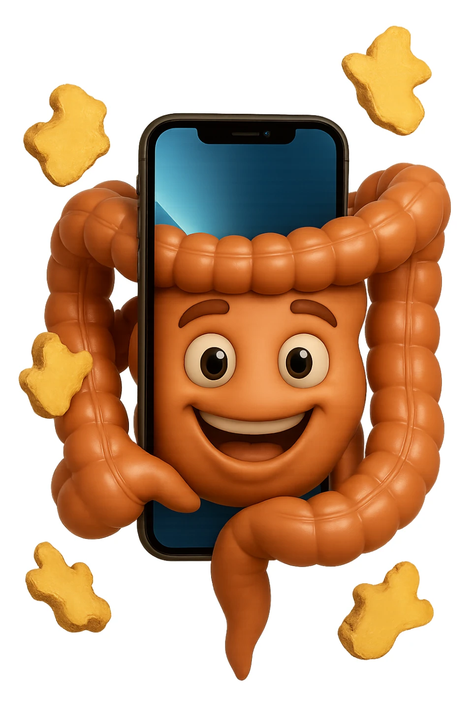 emoji stile iphone 3d di piccoli pezzi di zenzero che fluttuano in aria con pezzi di colon arrotolati intorno, iperrealistico 4k sticker