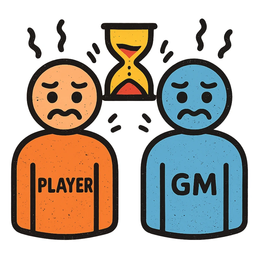 ultra-minimalist icon of two simple figures representing player and GM side by side, trembling clock or hourglass, extremely worn and eroded texture, anxious and stressed expressions, sense of terror sticker