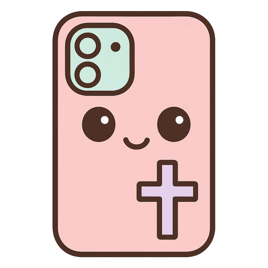 Make the white and black gothic kawaii phone case more minimal, reduce details, keep only one or two simple gothic symbols, big eyes, smiling, playful, cartoonish, no purse references, with no background. sticker