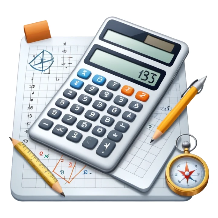 An icon featuring mathematical formulas, a calculator, and geometric shapes, symbolizing mathematics. The design includes numbers, a ruler, and a compass, representing the study of numbers, logic, and equations. Transparent background highlights the science of calculation and analysis sticker