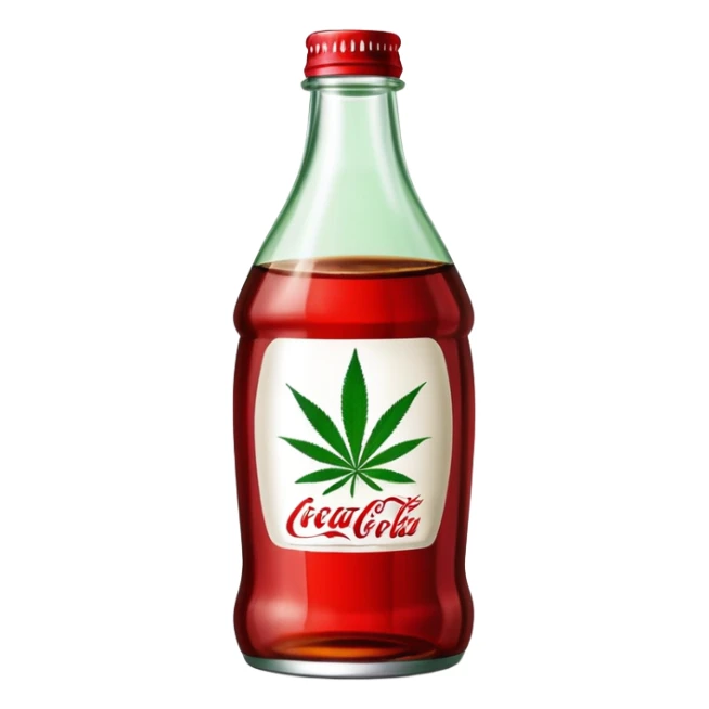 Curved red glass bottle similar to Coca-Cola style with a green cannabis leaf printed on it and a label sticker