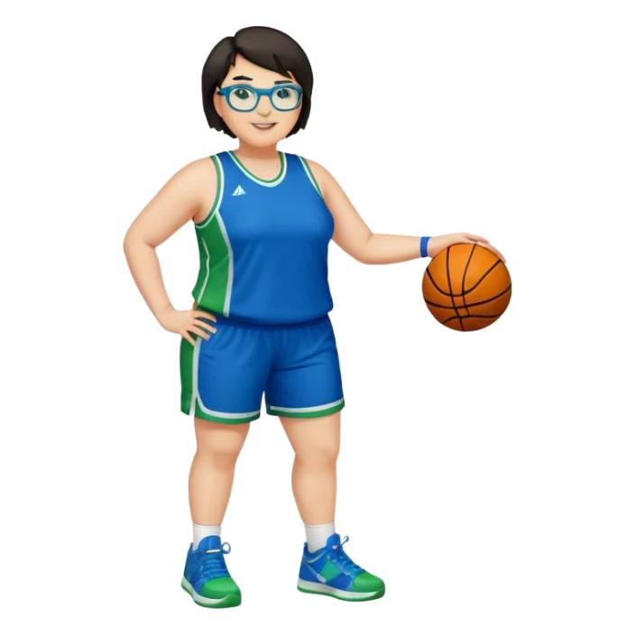 Full Body plus size white female basketball player with short dark hair with highlights spike hair wearing blue glasses  wearing blue green uniform  green sneakers smiling sticker