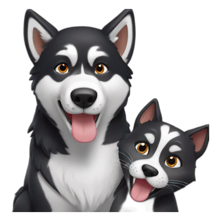 Un husky noir qui prend un selfie avec un chat roux sticker