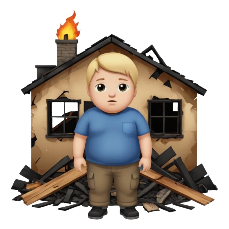 fat kid with a side part covering one of his eyes and a burned down house sticker