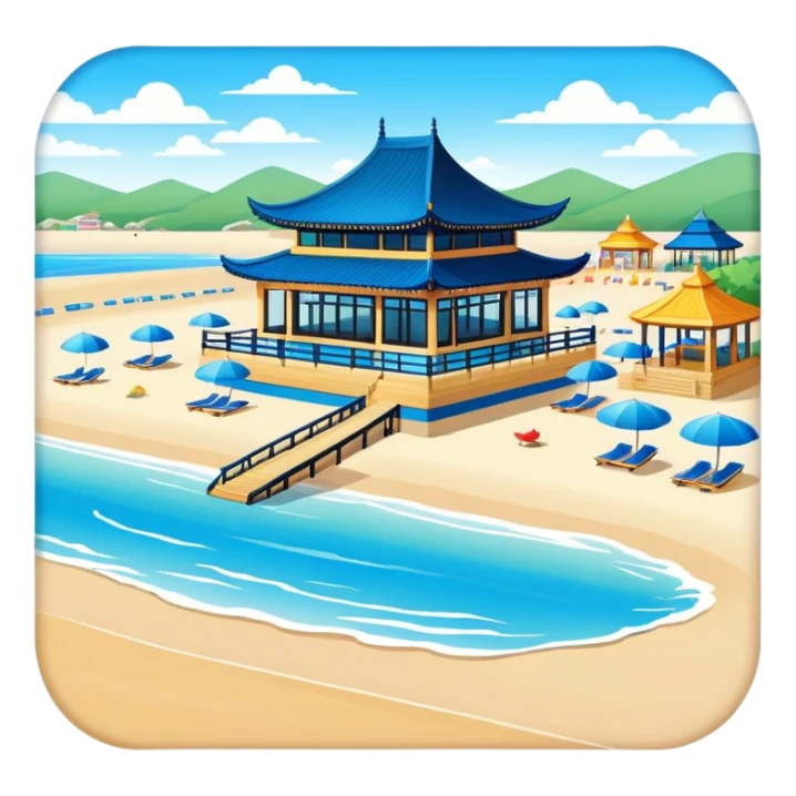 Beidaihe seaside resort beach with pavilion Hebei, simplified emoji style with bold outlines and bright colors, cartoon style beach with blue water sticker