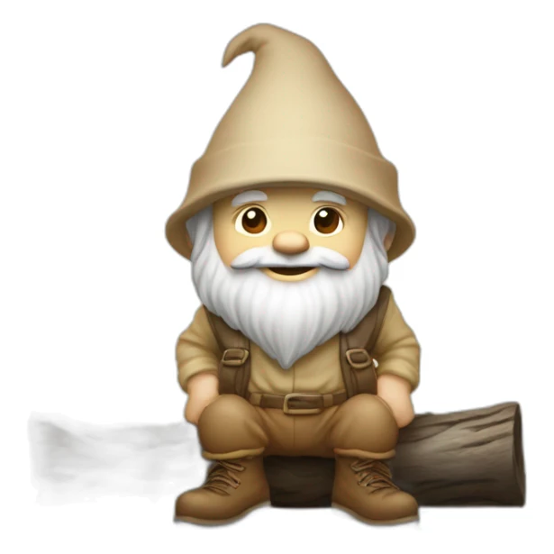 side angle of gnome with light tan pants and light tan boots squatting in front of small brown log sticker