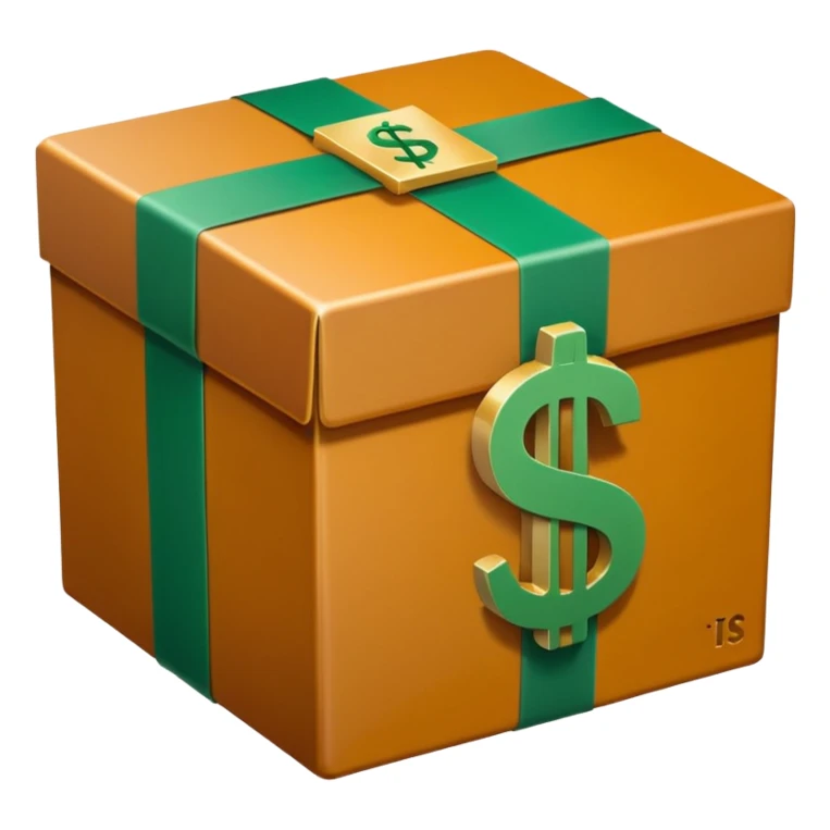 Closed box with smooth, rounded edges

Light honey‑brown tape strip with a glossy highlight

Flat green bill with a bold white dollar sign, anchored at the bottom left of the box

Slight soft shadow under the bill for depth

Plain white background for that crisp, emoji‑ready finish sticker