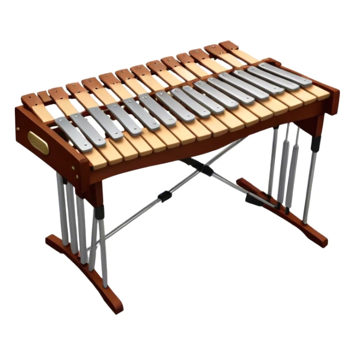 Create a detailed and professional emoji representing a Fleet FLT-SX37 long orchestral wooden xylophone. The design should showcase the large wooden bars of the xylophone, arranged in a traditional setup, with soft metallic accents on the mallets. The bars should have a rich wood texture, with polished details to reflect the quality of the instrument. The mallets should be held above the bars, with the heads clearly visible. Use warm, rich wood tones like mahogany and light brown, with silver or metallic accents for the mallets. Add subtle musical notes floating above the xylophone to emphasize its melodic sound. The background should be transparent. sticker