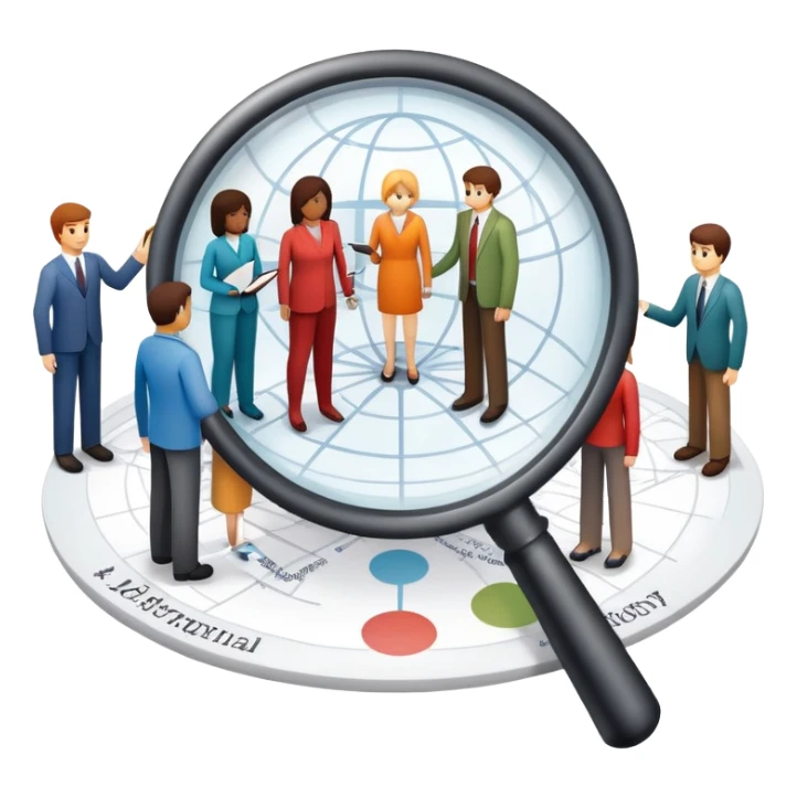 An icon featuring a group of diverse people, a social network diagram, and a magnifying glass, symbolizing sociology. The design includes charts and interconnected lines, representing the study of societies, relationships, and social behavior. Transparent background highlights social analysis. sticker