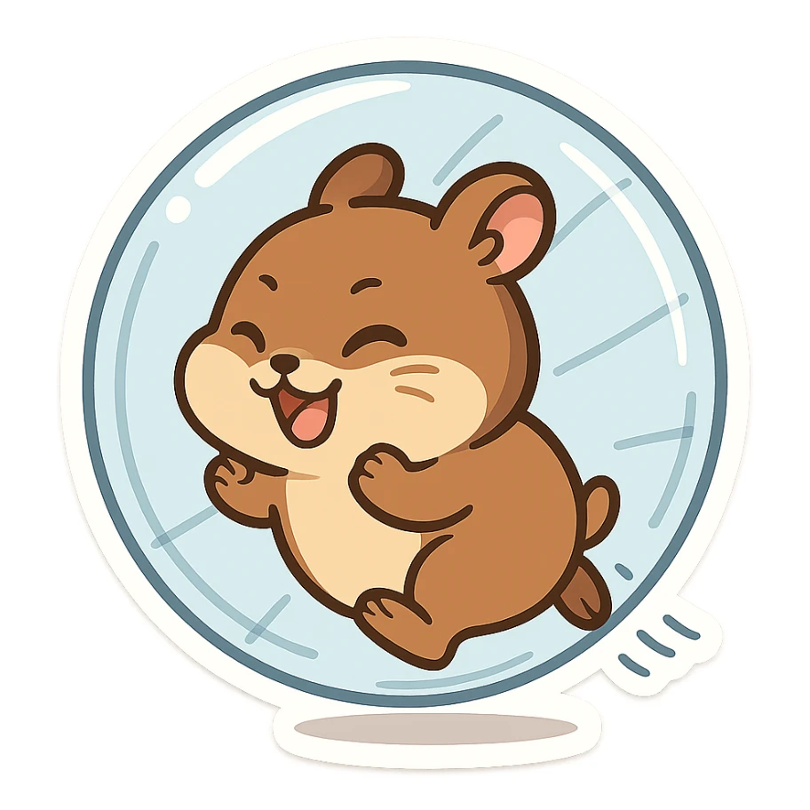 cartoon brown hamster running in a transparent ball, playful sticker