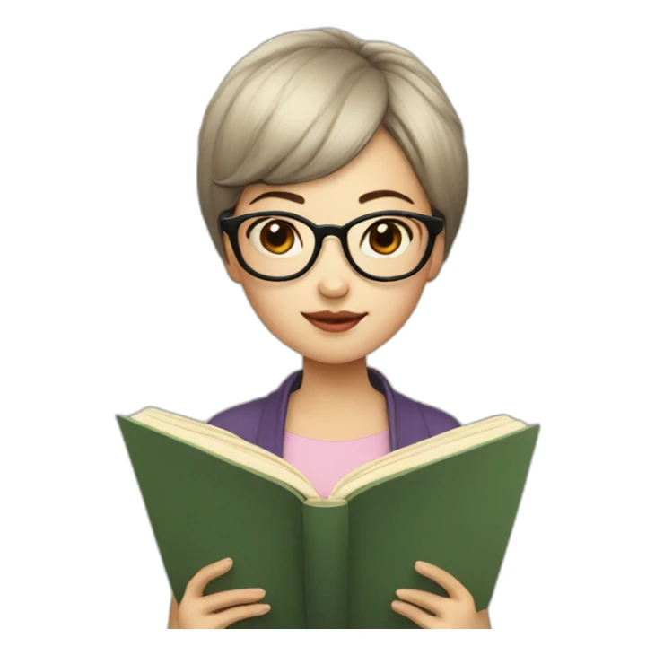 Chinese short-haired girl with mushroom head wearing glasses and reading a book sticker