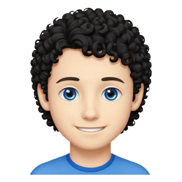 boy, young face like 18 years, blue eyes, medium curly hair black, easy smile sticker