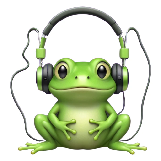 A cute green cartoon frog sitting with a neutral expression, wearing large black over-ear headphones. The frog is connected by a wire to a small, classic-style iPod with a purple screen, placed in front of it. The background is a dense black-and-white noise pattern resembling TV static. sticker