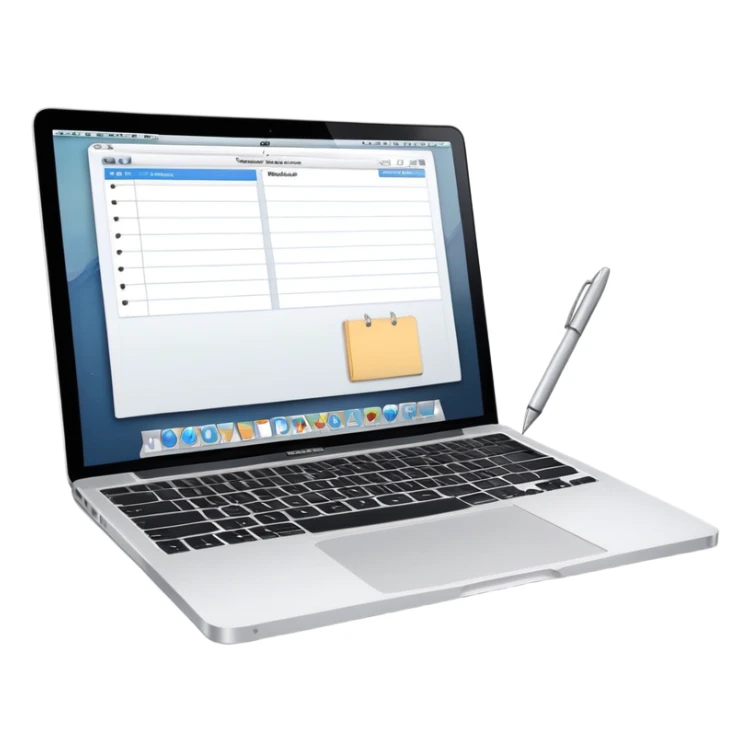 MacBook with online booking system and classic paper notebook with pen side by side, both objects fully visible, no background, no cut-off edges sticker