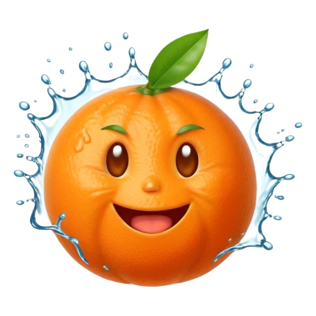 Juicy explosion mandarin emoji, bursting juice splash everywhere, exaggerated happy reaction, bright orange color, simple cartoon style, transparent background. sticker